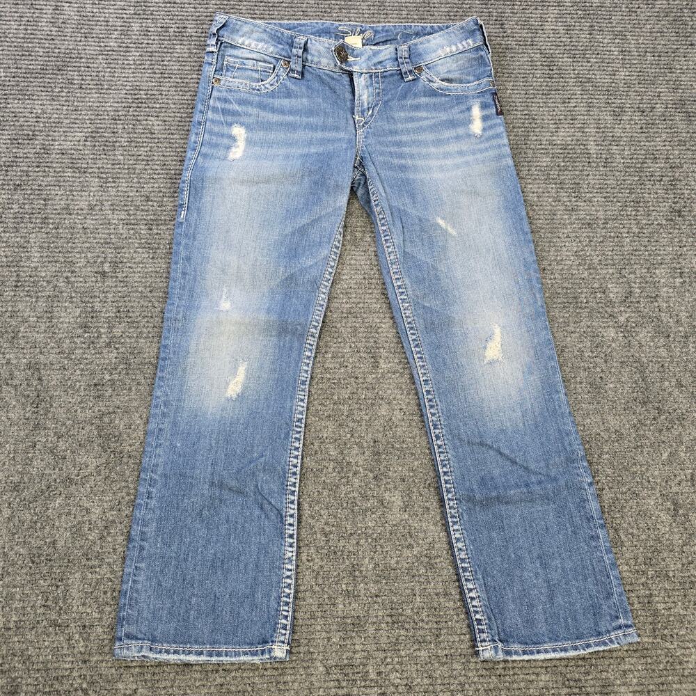 Silver Jeans Capri Womens W27 Blue Tuesday Distressed Crop Stretch